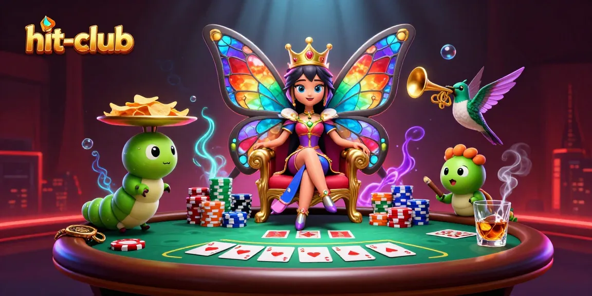 Players engage with hit-club's vibrant gaming scene featuring poker elements and a captivating butterfly queen.