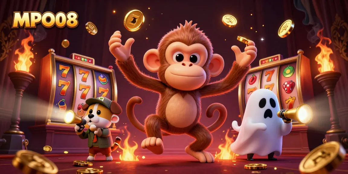 MPO08 reveals dynamic slot action with a mischievous monkey and a curious puppy in a haunted casino