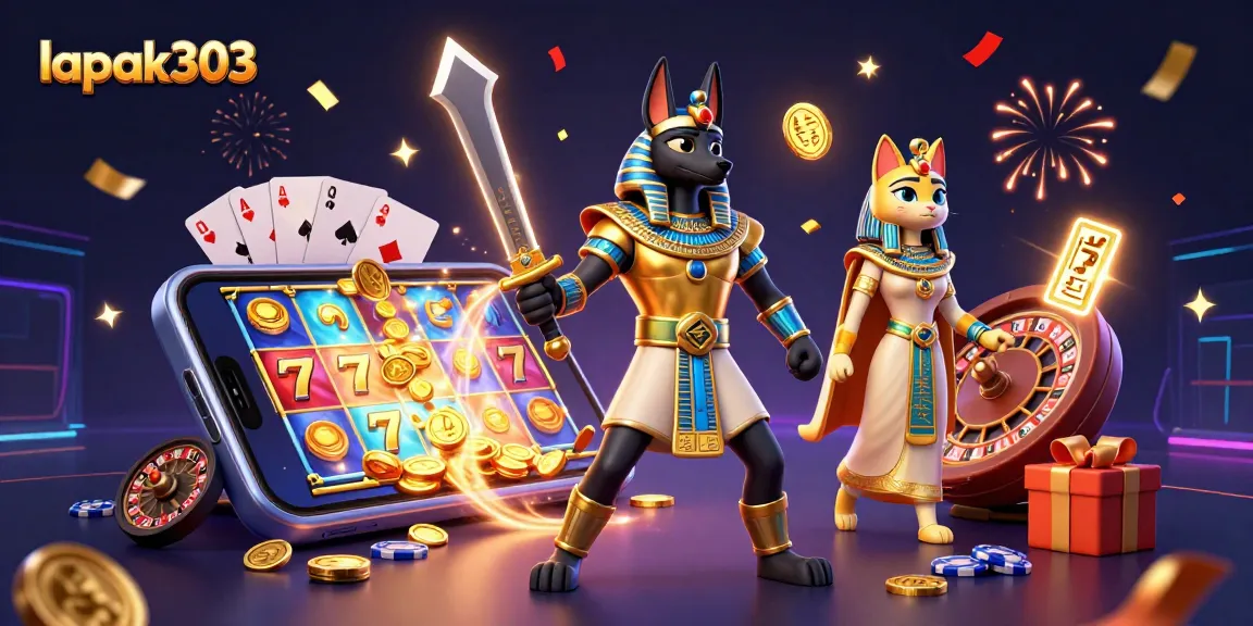 Engage with lapak303's vibrant 3D casino scene featuring Egyptian warriors, slot games, and golden coins.