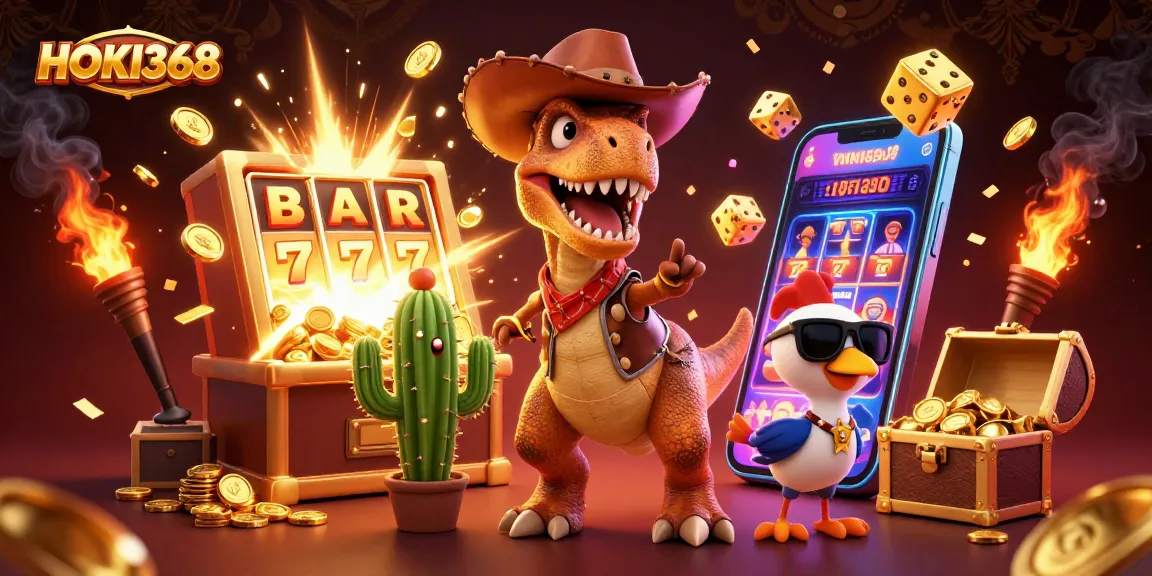 Experience thrilling wins with HOKI368 in a vibrant casino scene featuring dynamic characters and elements.