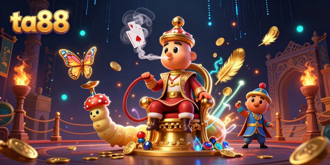 Engage with ta88's vibrant casino world, showcasing a colorful 3D caterpillar with poker symbols.