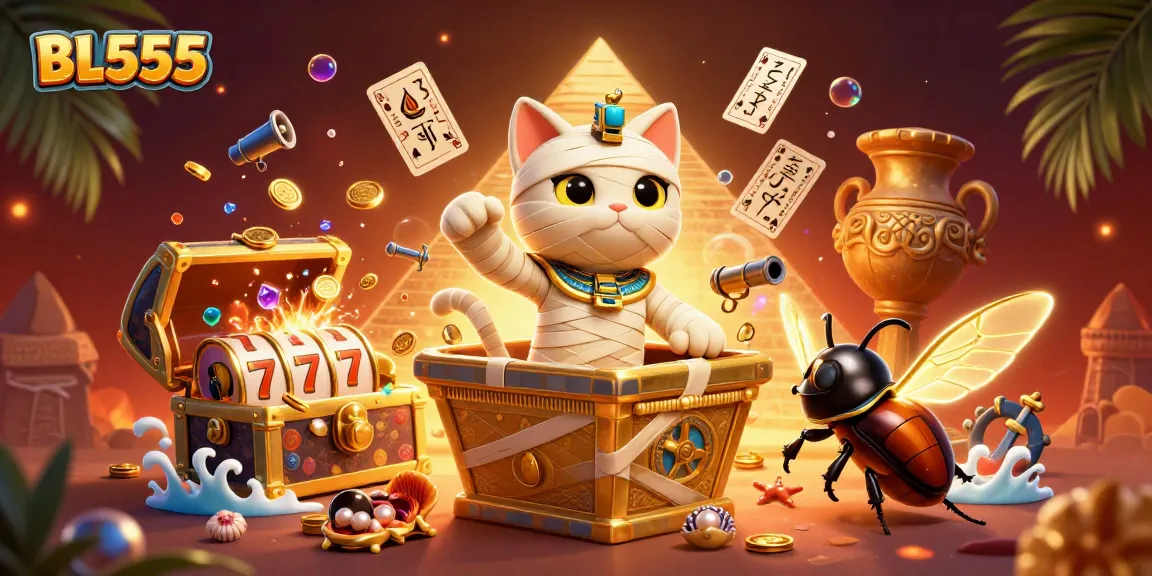 Join the excitement at BL555 with a mummy cat and glowing beetle in a dynamic casino scene.