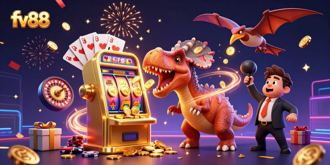 Experience the excitement of fv88 with a pachycephalosaurus winning jackpot coins in a vibrant casino scene.