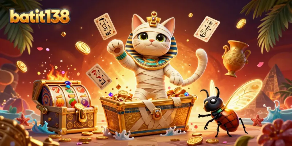 Bermain dengan batik138 di kasino digital, mumi kucing dan scarab mengelilingi gulung slot.