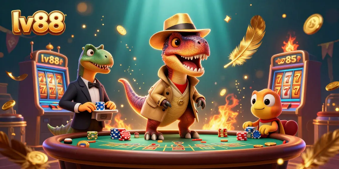 Experience thrilling games with lv88, featuring a velociraptor card counter at an energetic blackjack table.