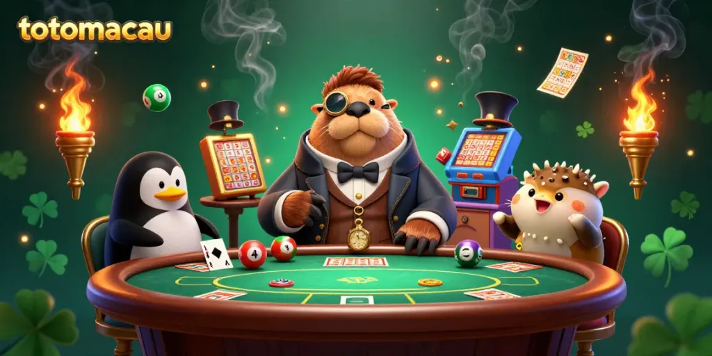 Experience the thrill of playing totomacau with vibrant lottery balls, as cartoon characters engage in a lively gambling scene.