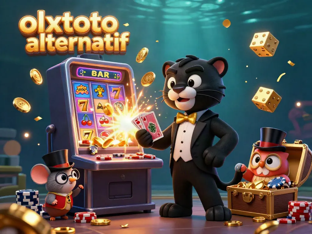 Experience the thrill of olxtoto alternatif with a stylish black panther dealing cards amidst a casino scene bursting with excitement.