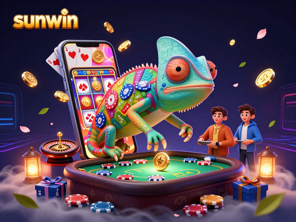Engage with sunwin's vibrant casino atmosphere, featuring a chameleon owner amid golden coins and dynamic games.
