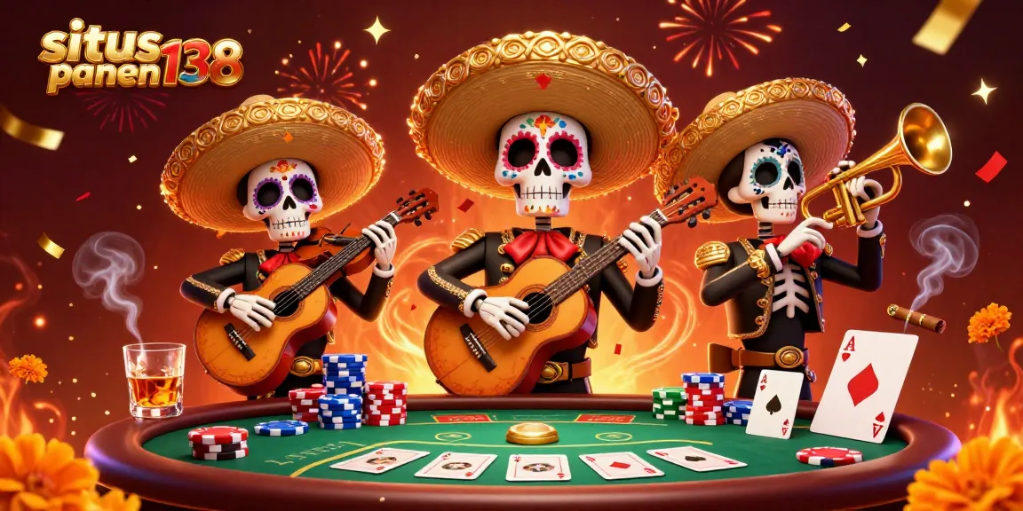 Explore exciting gaming with situs panen138 as a lively mariachi band celebrates at a poker table.