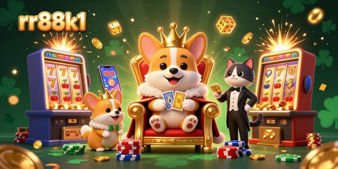 Engage and win at rr88k1 casino with a dynamic royal scene featuring exciting slot machines and treasures.