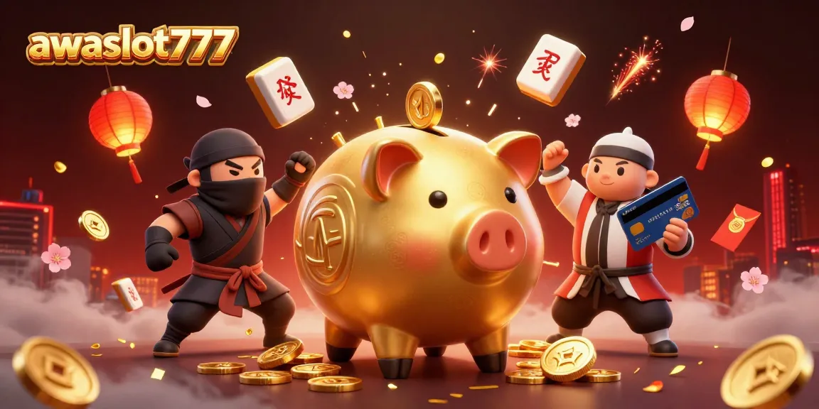Join the fun at awslot777 with a colorful illustration of casino characters, including a sumo wrestler and ninja.