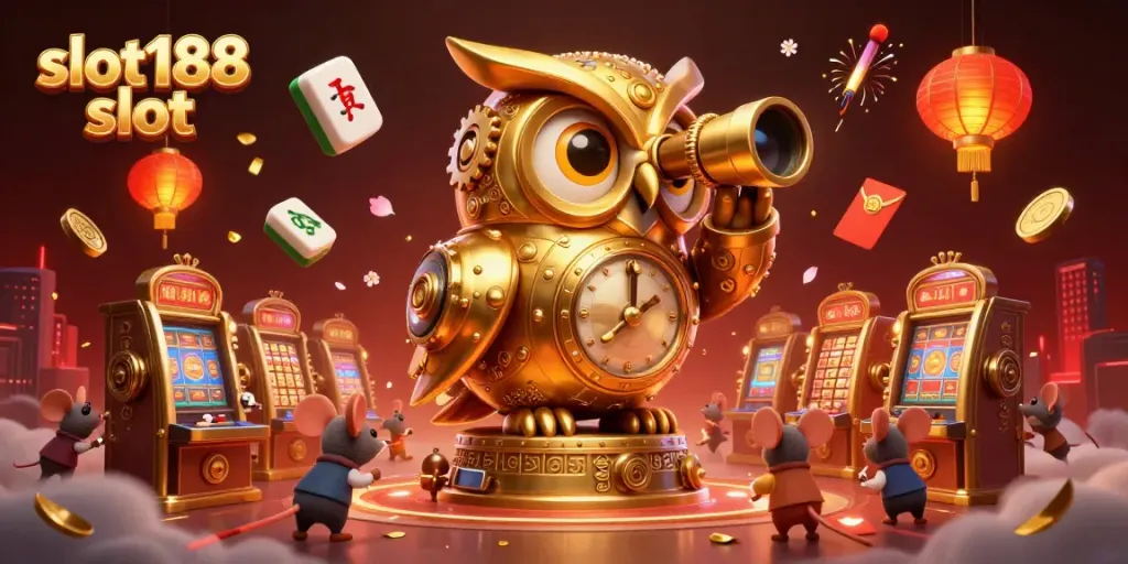 Slot188 slot menampilkan burung hantu emas berputar di kasino, dikelilingi oleh pengunjung dan elemen permainan yang menarik.