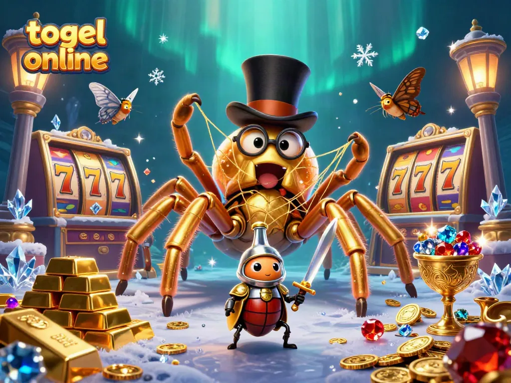 Menyaksikan permainan togel online dengan karakter 3D unik dari tarantula dan ksatria, dikelilingi harta berkilauan.