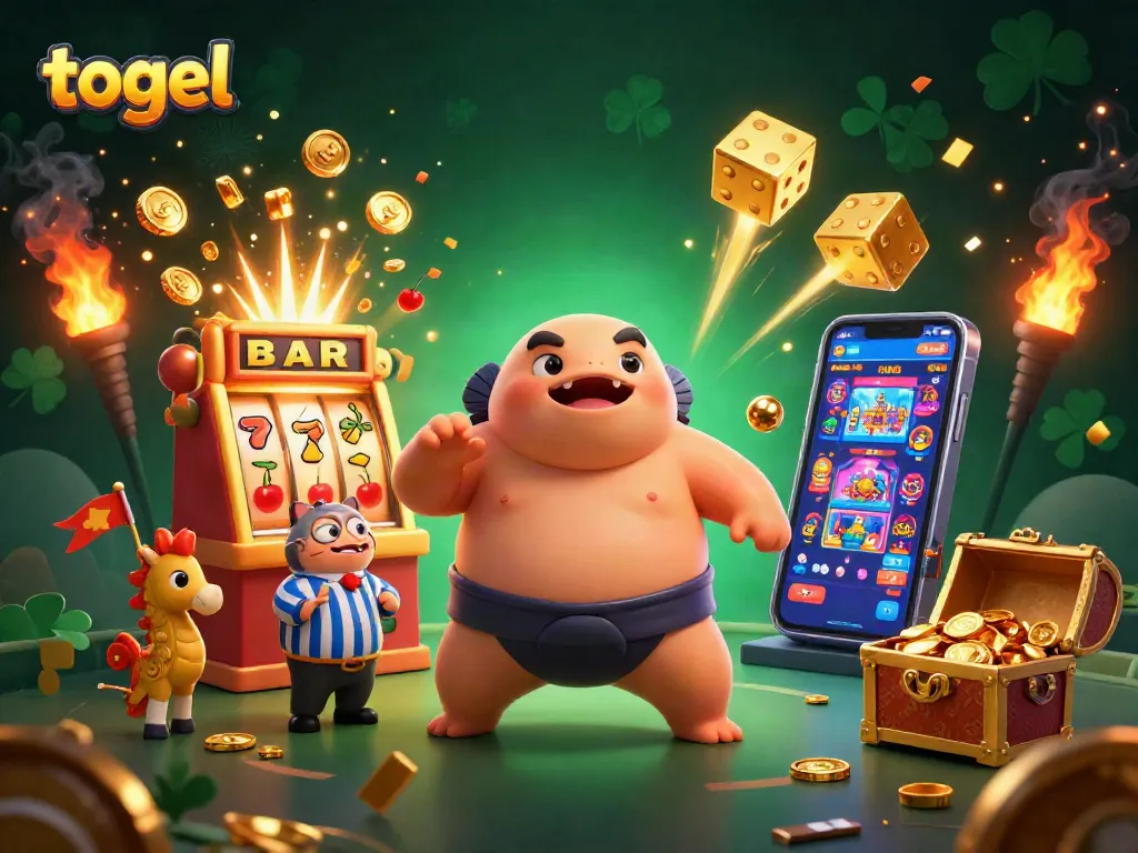 Berpartisipasi dalam togel dengan slot berkelap-kelip dan karakter kartun di latar belakang.