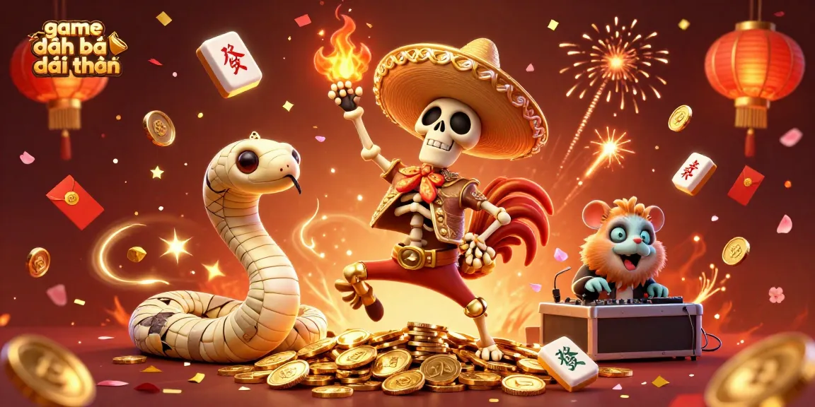 Engage with game đánh bài đổi thưởng through dynamic characters celebrating on gold coins.