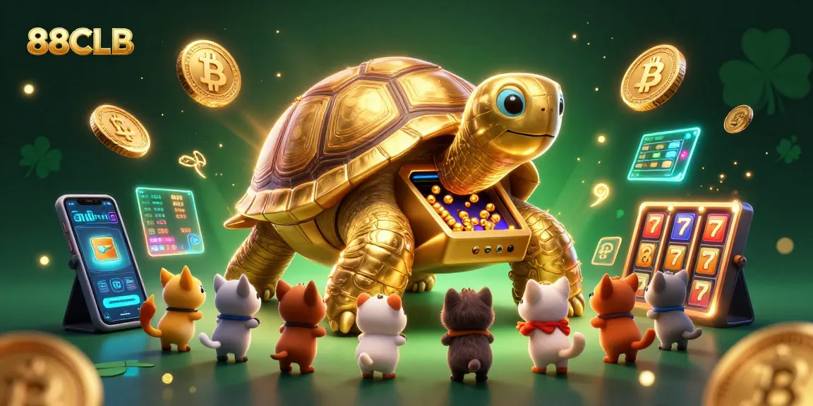 Engage with 88CLB, featuring a golden tortoise pinball machine and vibrant slot elements.