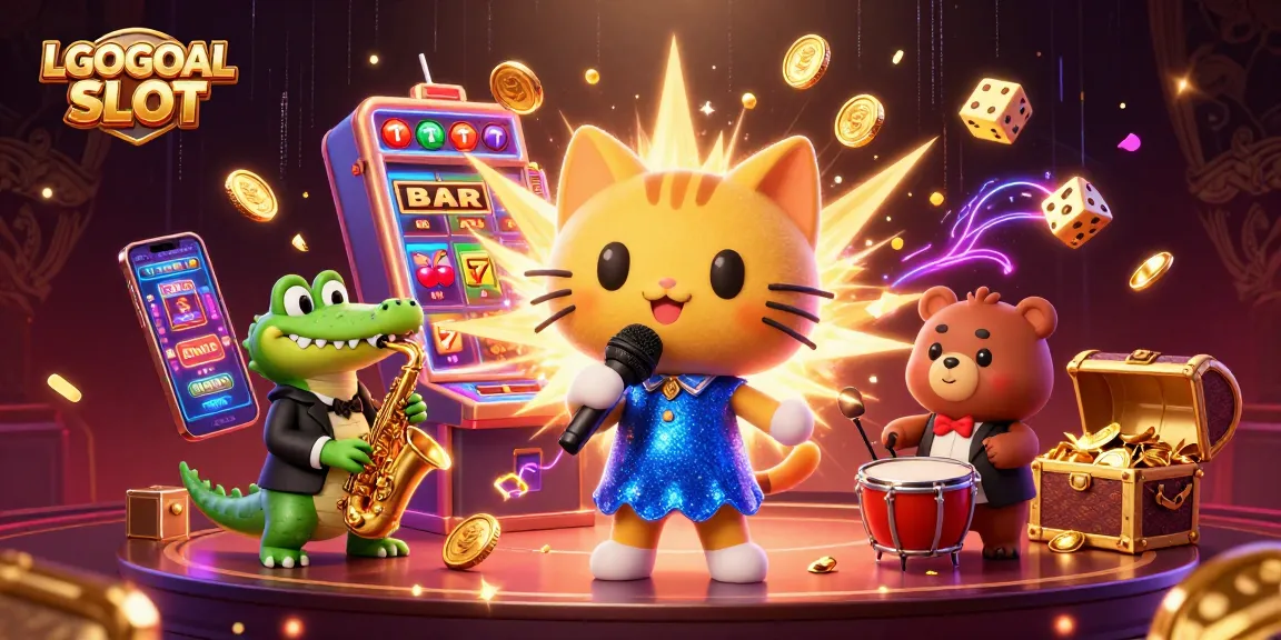 Engage with LGOGOAL SLOT's vibrant casino atmosphere, featuring a lively jazz-singer cat and a jackpot explosion.