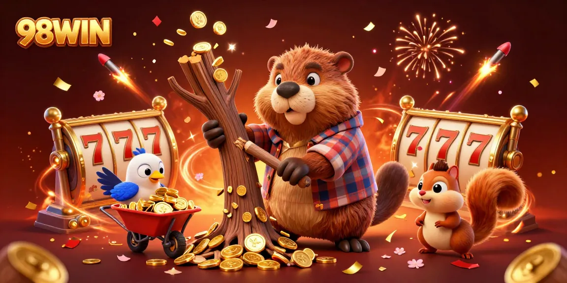 98WIN offers an exciting scene with a beaver enjoying a jackpot while characters celebrate with golden coins.