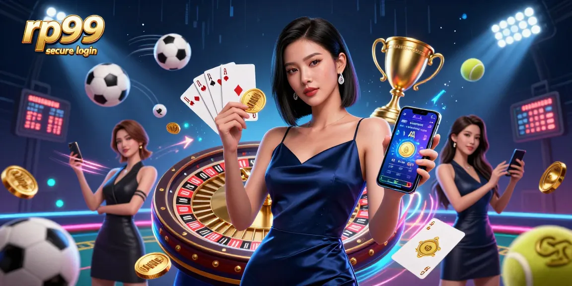 Experience excitement with rp99 secure login in this vibrant digital casino illustration.