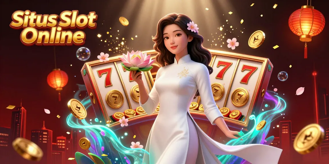 Situs Slot Online illustration showcasing an elegant Asian woman amidst vibrant casino elements, promoting engaging gaming experiences.