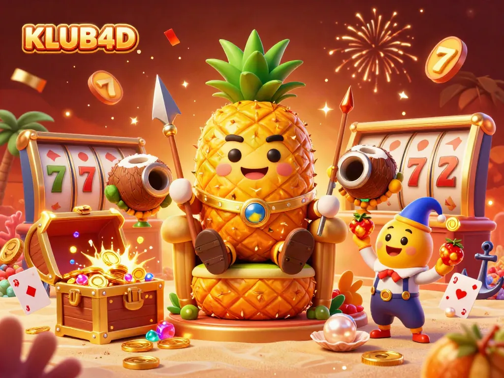 Gambarkan keseruan judi di KLUB4D dengan raja nanas, penjaga kelapa, dan badut mangga di kasino pantai.