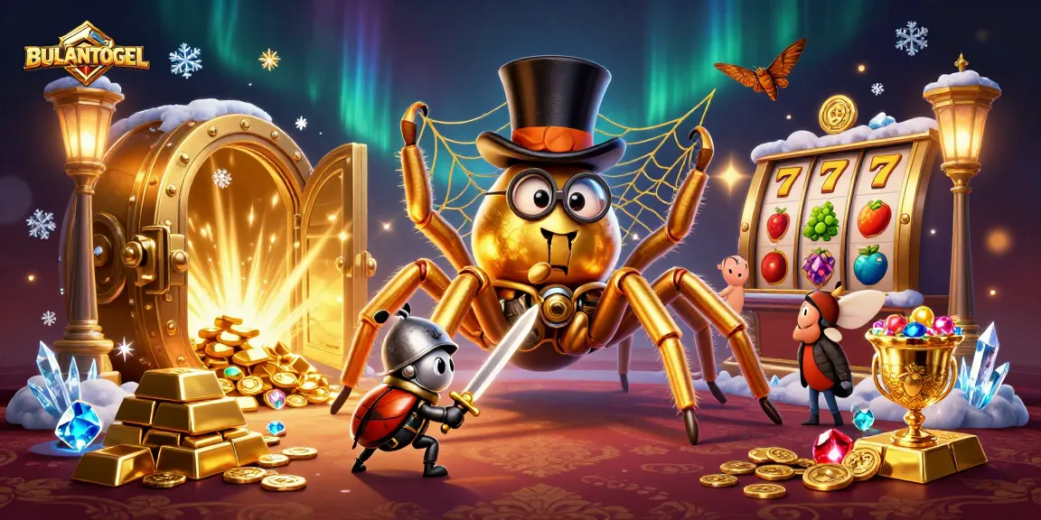 BULANTOGEL showcases a golden tarantula weaving casino-themed treasures with beetle knights and moth spectators.