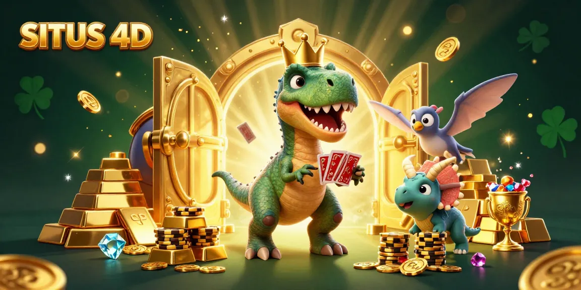 SITUS 4D menampilkan T-Rex lucu bermain kartu sambil dikelilingi harta karun gemerlap.