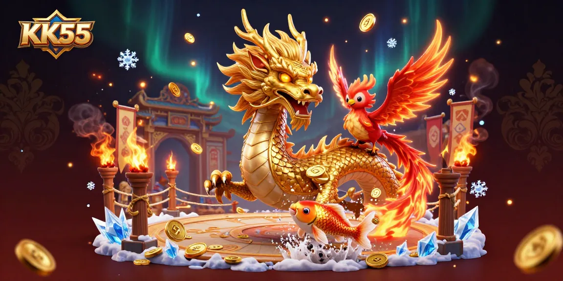 Experience thrilling bets at KK55 with a powerful dragon, phoenix, and koi fish in action.