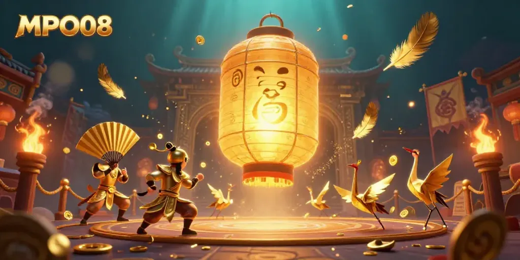 MPO08 unleashes excitement with a giant glowing lantern spirit above a vibrant night market casino.