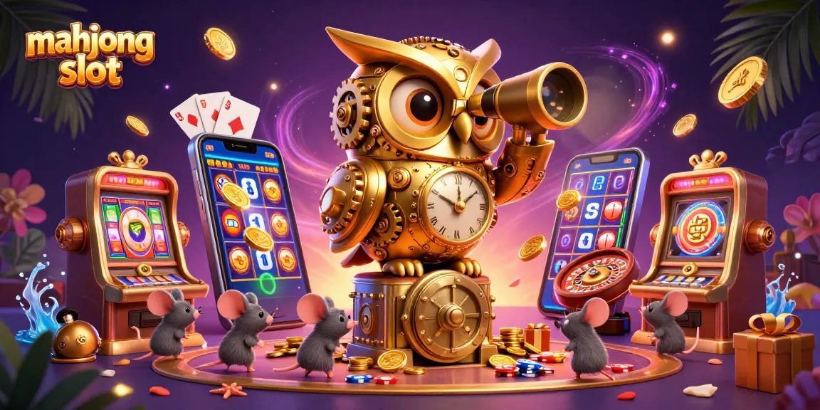 Win big with mahjong slot gaming as a massive golden owl scans the casino floor.