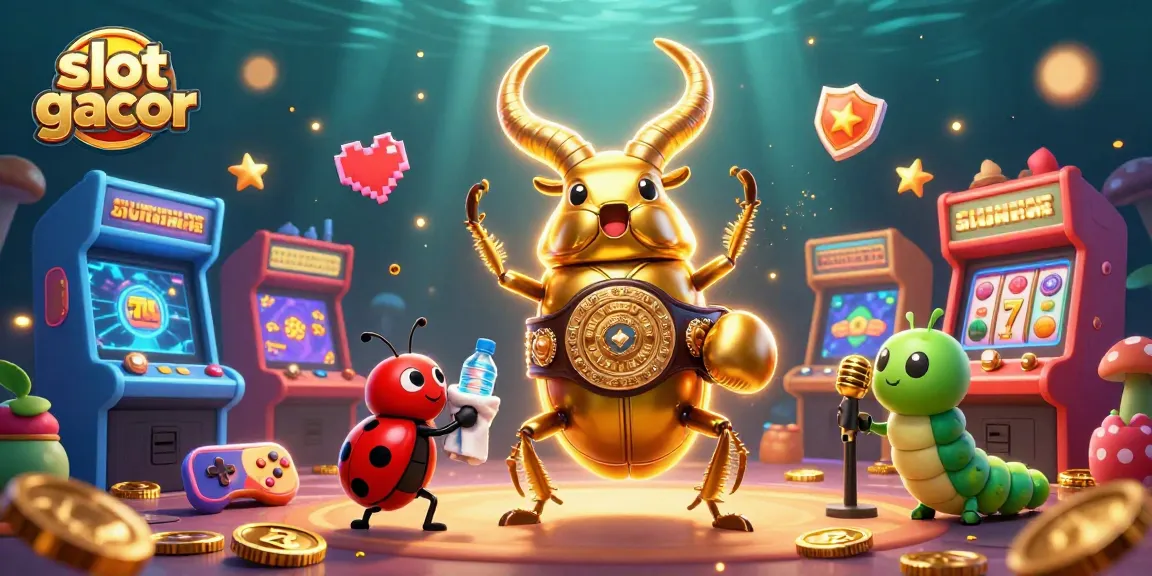 Engage with slot gacor as a giant golden stag beetle battles in a vibrant casino scene filled with games.