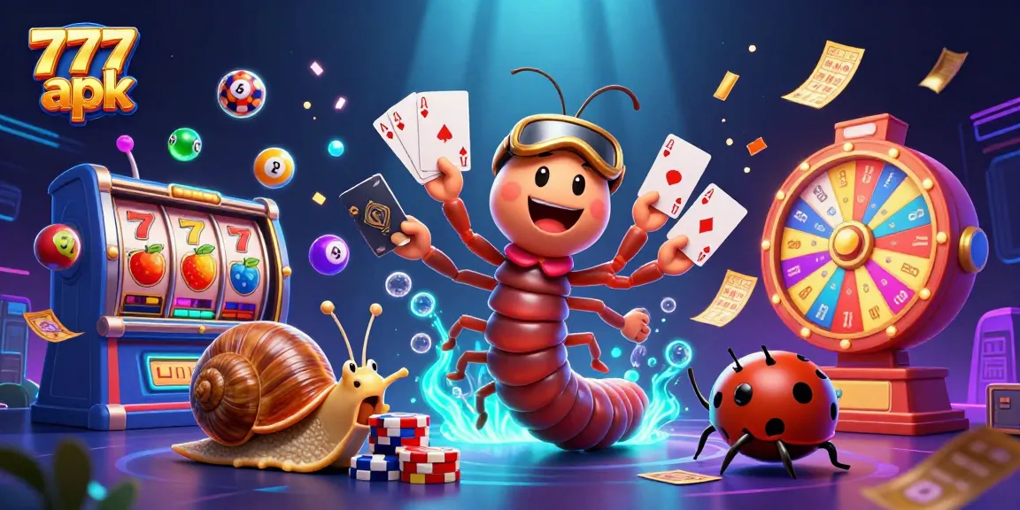 Spin to win on 777 apk with a playful, animated casino scene featuring vibrant slot game elements.