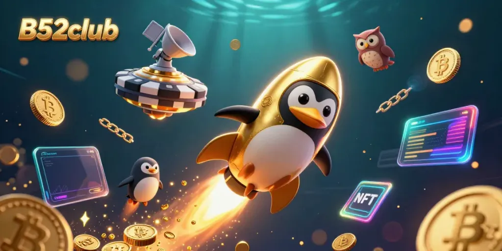 Experience the engaging B52club adventure with a dynamic illustration of a penguin and coins in space.