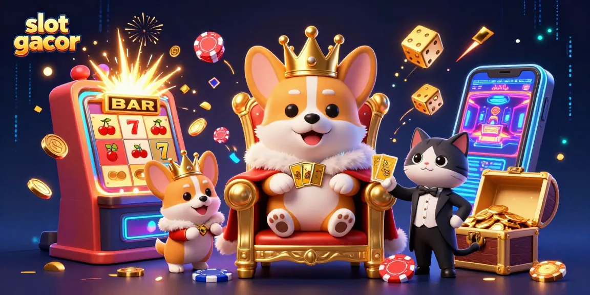 Menangkan permainan dengan slot gacor, ilustrasi corgi kerajaan dan mesin slot mewah yang melimpah koin.