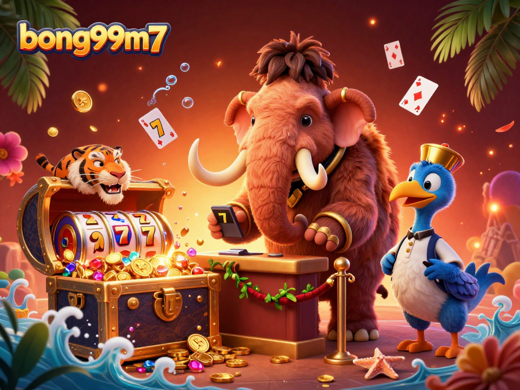 Bong99m7 showcases a vibrant 3D casino scene with characters and dynamic slot game elements.