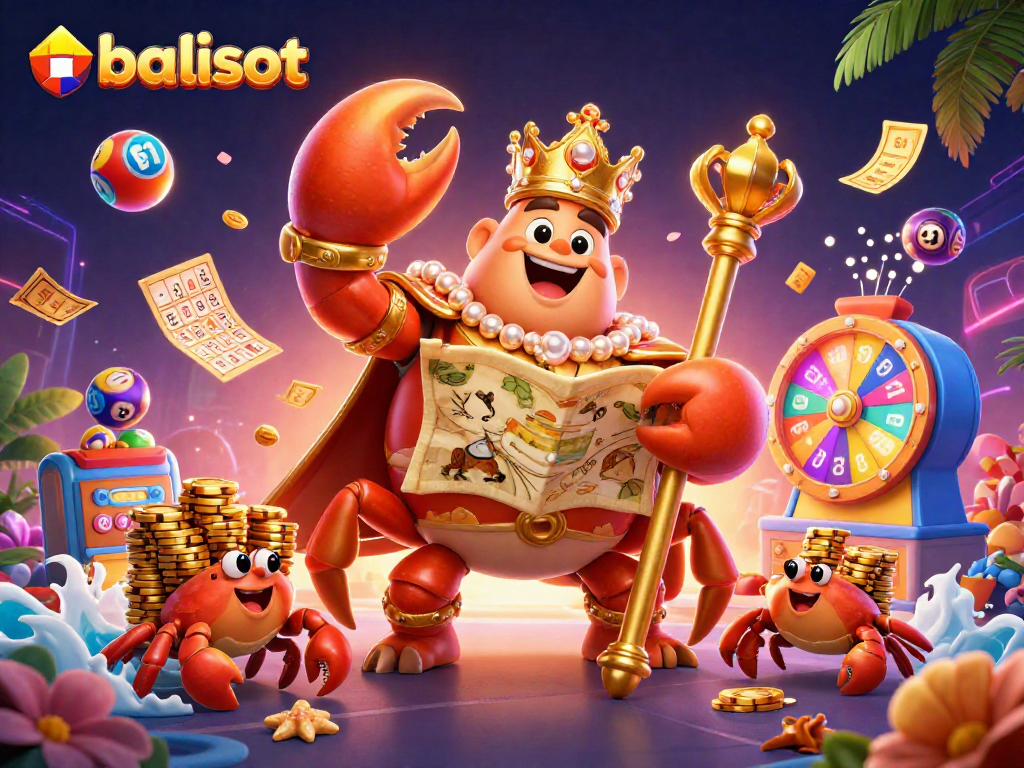 Menangkan hadiah besar di balislot dengan ilustrasi kartun 3D mengesankan dari kaisar kepiting emas dan pelayan kepiting yang membawa chip emas.