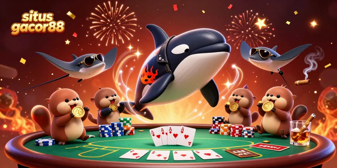 Engage with situs gacor88 as an orca in a biker jacket jumps among poker elements and floating sea otters.