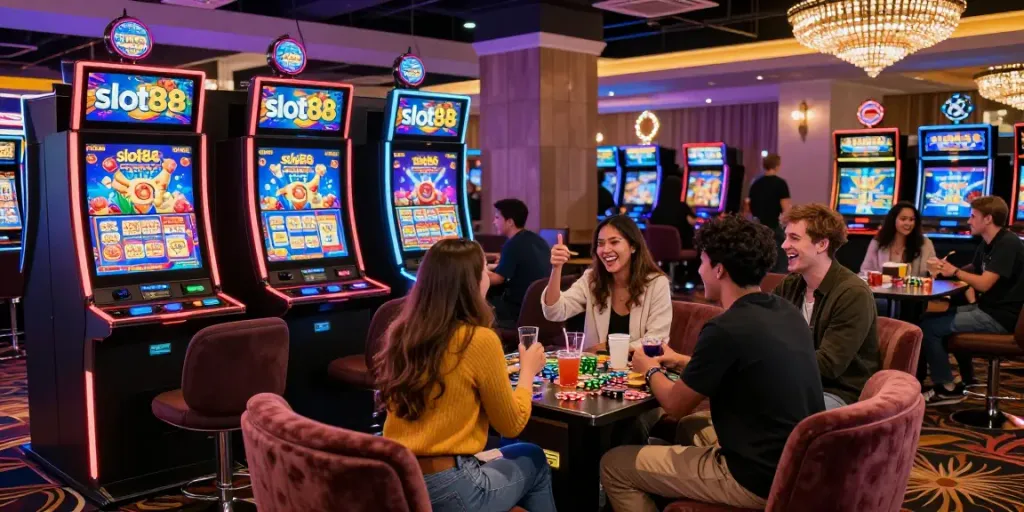 Group enjoying a lively slot88 gaming experience in a vibrant casino.