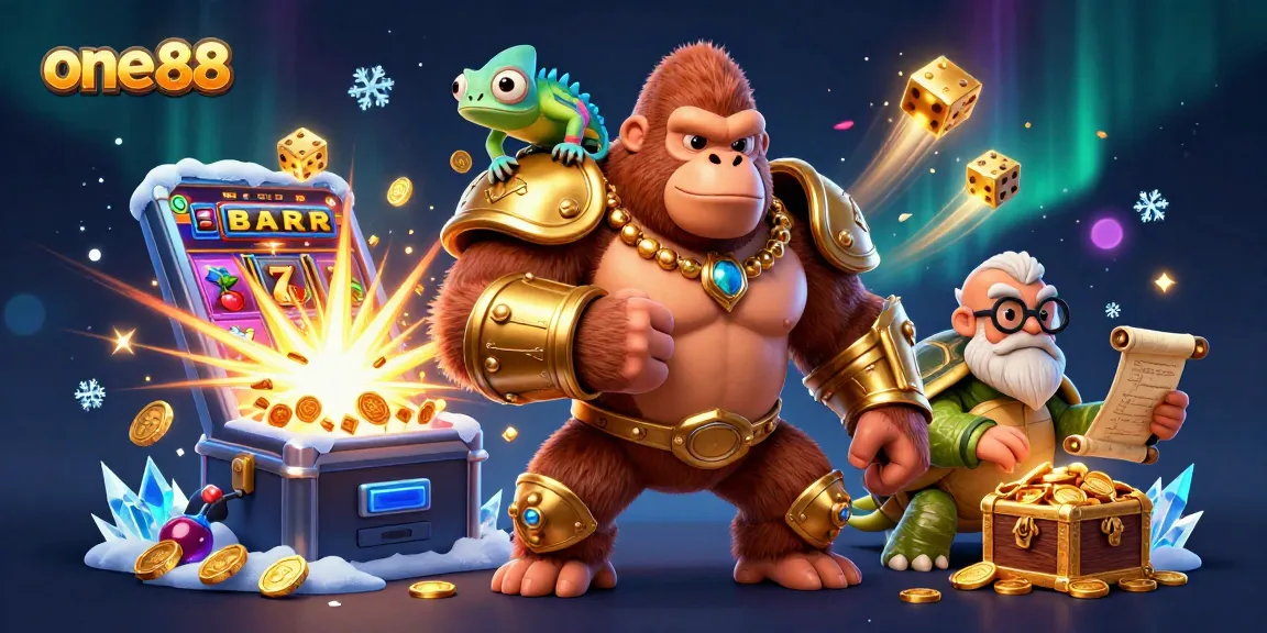 Experience thrilling jackpots with one88's vibrant casino scene featuring a golden gorilla and more!
