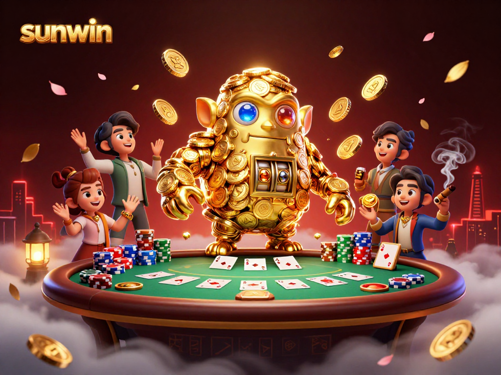 Engage in the thrilling world of Sunwin with a 3D golden golem and poker scene.