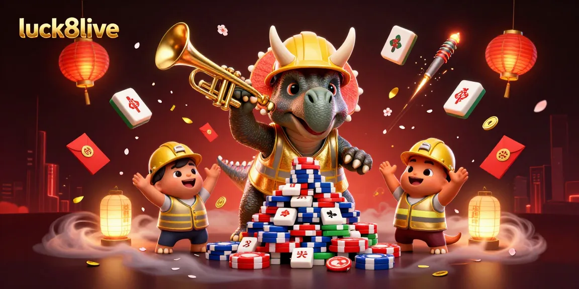 Experience the excitement of luck8live with a vibrant 3D casino illustration featuring a triceratops and celebratory elements.