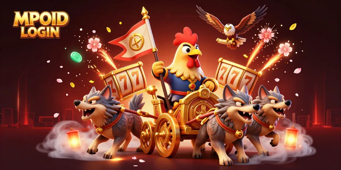 MPOID LOGIN showcases an exhilarating gaming experience with a rooster warlord, a golden chariot, and vibrant slot elements.