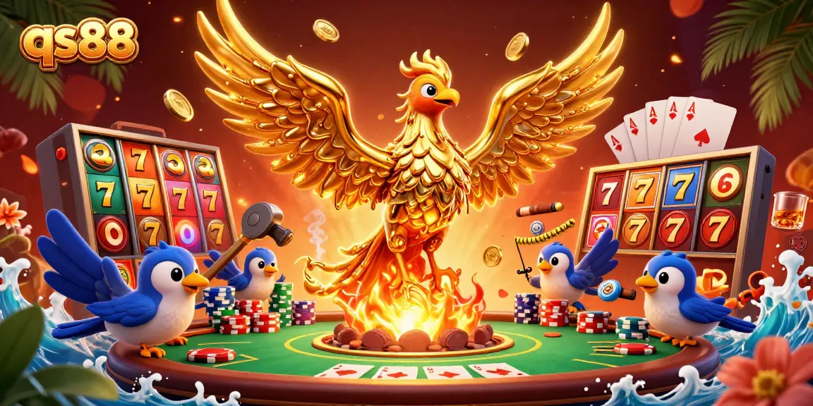 Win big with qs88, a captivating scene featuring a golden phoenix and dynamic casino elements.