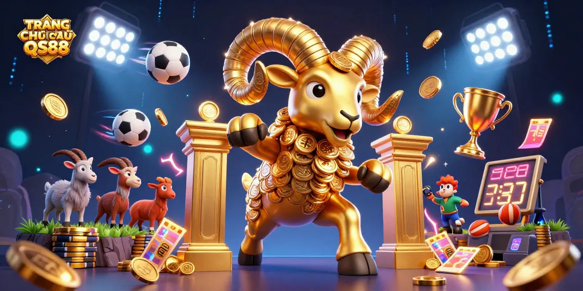 Experience the excitement of TRANG CHỦ QS88 as animated golden ram charges through a vibrant casino scene.