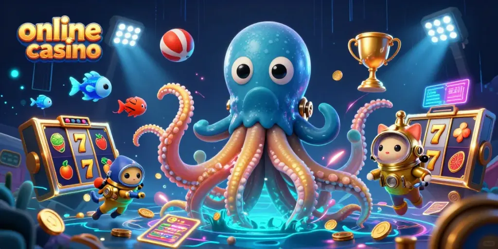 Engaging online casino scene with a kraken, diving cat, and glowing sea creatures amidst slots and vibrant sports elements.