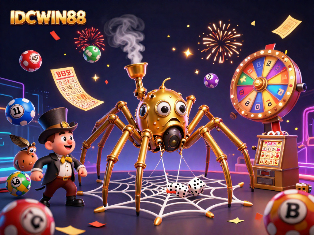Experience winning thrills with IDCWIN88 in this vibrant casino-inspired 3D illustration.
