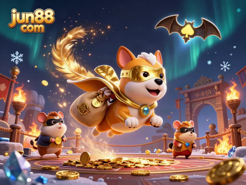 Engage in thrilling gameplay at jun88 com with a dynamic cartoon superhero dog and sidekick in a gambling adventure.