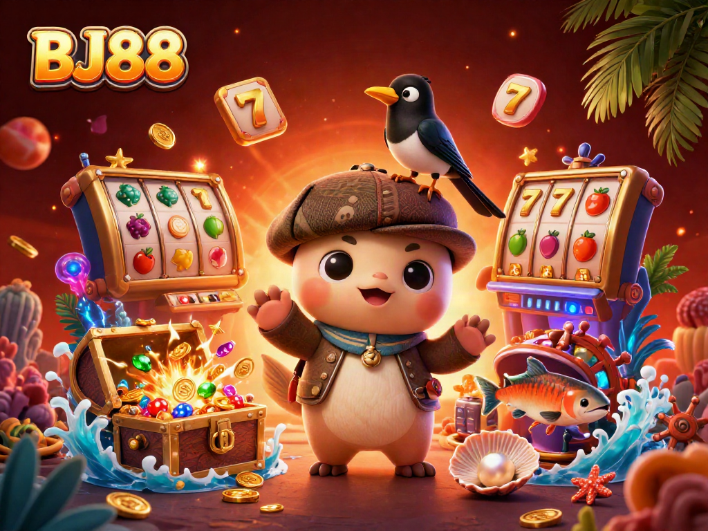 BJ88 vibrant casino scene with cartoon characters and exciting slot game elements
