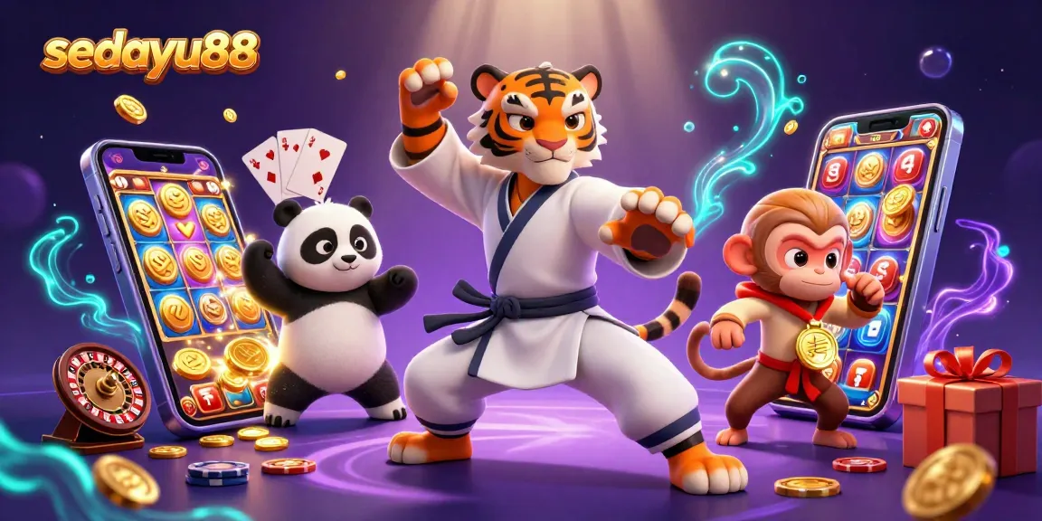 Sedyau88 illustrates a kung fu tiger, panda, and monkey amid lively casino elements, showcasing dynamic gaming fun.