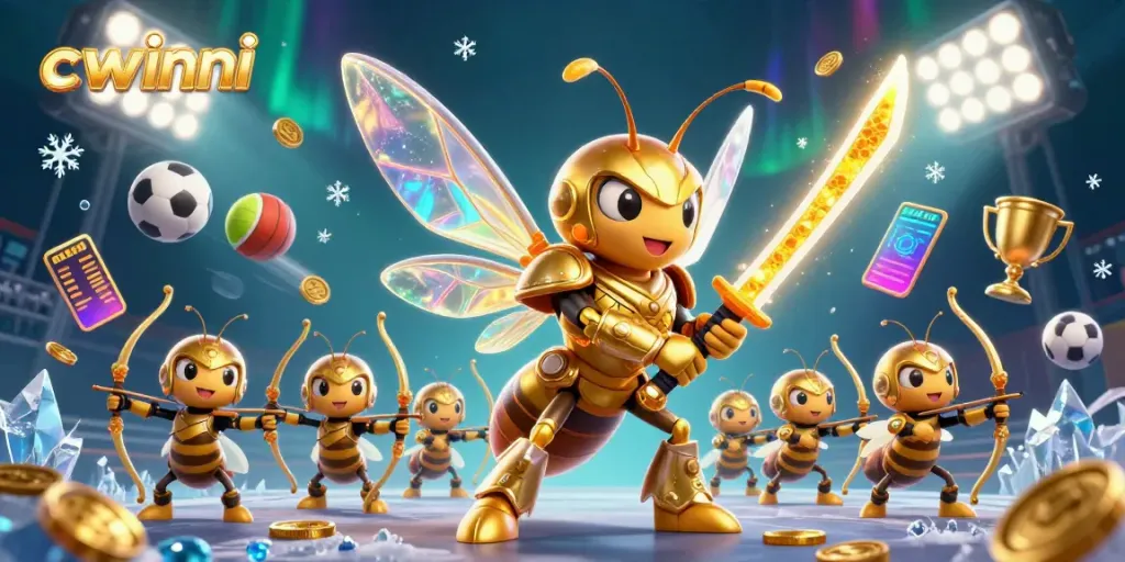 Cwinni showcases a dynamic casino scene with a golden samurai hornet leading bee archers in vibrant gaming elements.